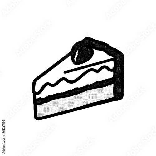 A white background features a cake slice icon in black outline