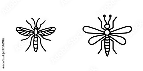 A minimalist icon of a mosquito, depicted in black lines, showcases the insect's six legs and wings in a modern flat illustration set against a white background