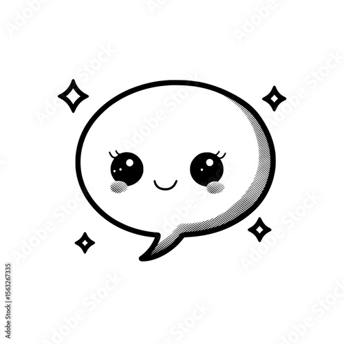 The design features a modern and minimal speech bubble icon in black and white