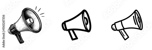 An icon of a simple black megaphone set against a white background