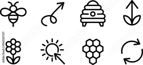 Sustainability, Ecology, and Nature Icons Featuring Bees, Flowers, and Growth Symbols