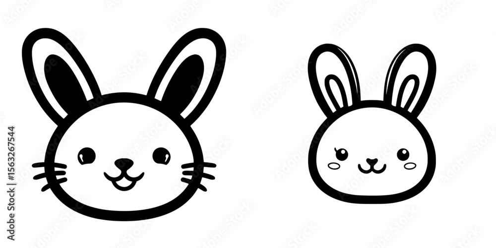 Obraz premium A cute bunny face icon with drooping ears is represented in minimal black and white, perfect for animal-themed designs