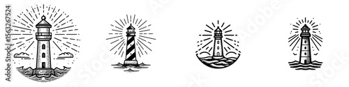 A simplified lighthouse icon featuring radiant light beams and minimal wave details in black and white