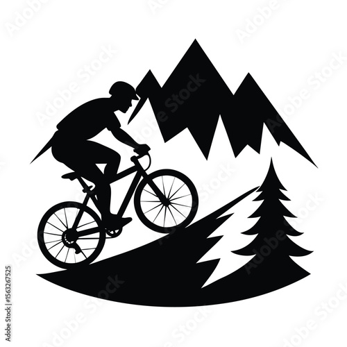 Black silhouette of mountain biker cycling uphill in scenic mountain landscape with pine tree