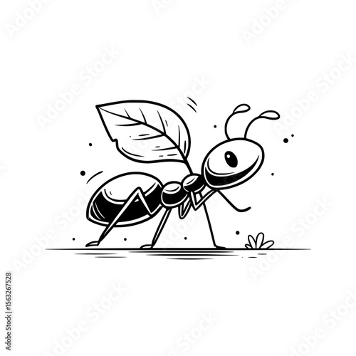 The icon depicts an ant carrying a leaf in a line style on a black and white background