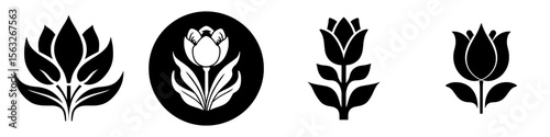 The tulip flower symbol, depicted in solid black, features symmetrical leaves embodying the essence of nature, growth, and refined botanical style