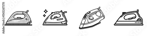 Iron, a common household tool used for smoothing clothes, is now a thin line modern icon set against a transparent background