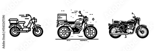 A stylized black motorcycle symbol, embodying motorbike delivery or transportation, is depicted in a simplified graphical form against a white backdrop