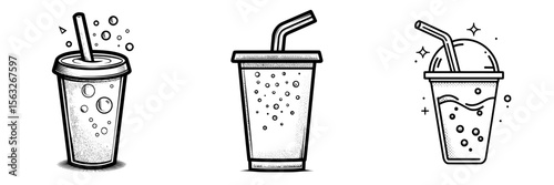 Icon of a black and white soda drink cup complete with straw and bubbles symbolizing a cold drink or fast food idea