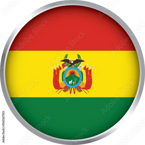 3D circular icon of Bolivia national flag with red, yellow, and green stripes and coat of arms in center

