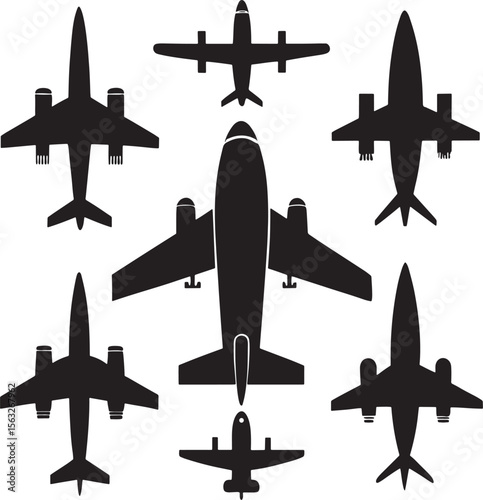 Collection of silhouetted airplanes with various markings