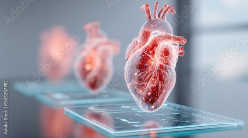 Multiple 3D-rendered human hearts on glass displays in a clinical space symbolizing cardiology research, medical diagnostics and healthcare visualization systems