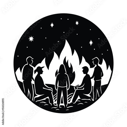 Campfire gathering under the stars silhouette of friends and companions enjoying evening togetherness