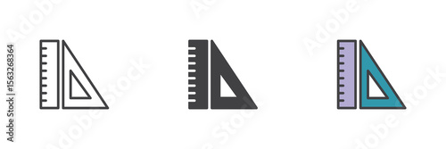 Triangle ruler icon set in line, solid and filled outline style