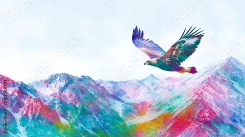 Flying eagle over rainbow-kissed peaks, symbolizing liberation during Holi festival and Indigenous People's Day in vibrant surreal skies