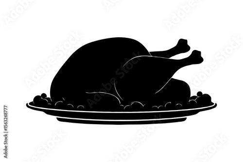 Roasted whole turkey silhouette served on a plate with garnish, black graphic style on white background, concept of holiday feast or dinner