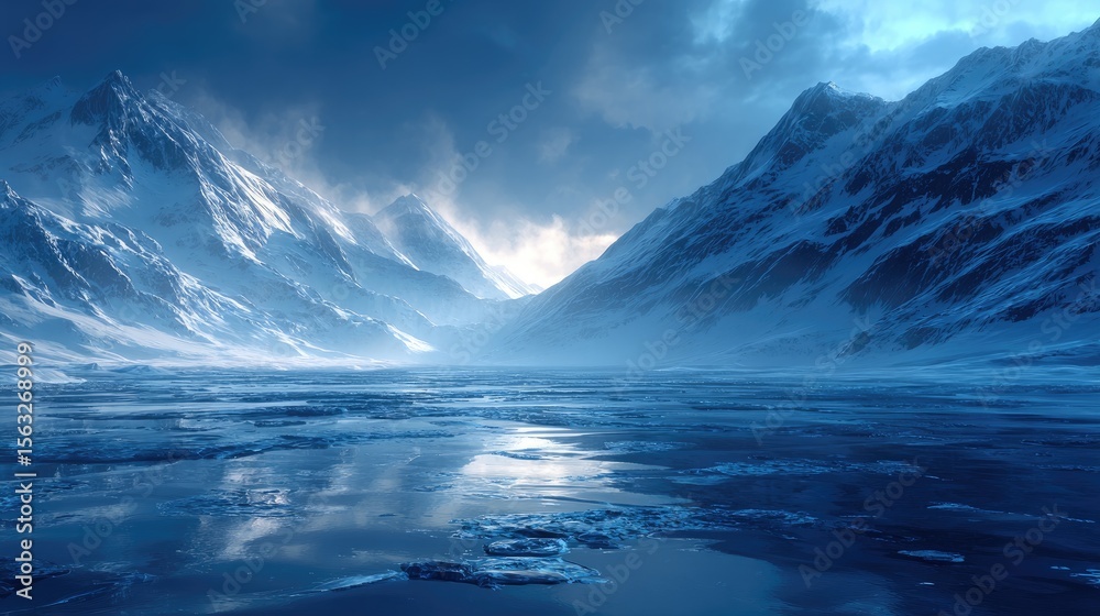 Naklejka premium Frozen mountains reflecting on a placid icy lake.