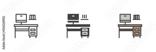 Office workstation icon set in line, solid and filled outline style