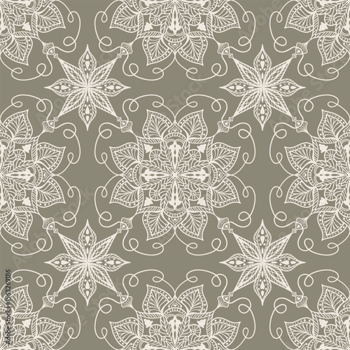 Delicate floral seamless pattern on mocha background. Neutral flower decor element wallpaper. Vector. Ornament, traditional, ethnic, arabic, turkish, indian, motifs. Template for fabric and wallpaper.