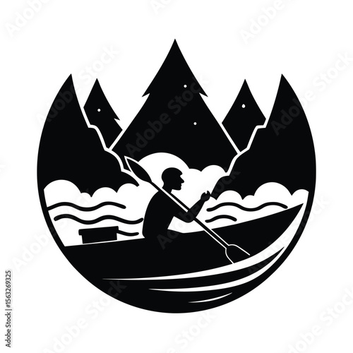 Kayaker in a boat paddling on a mountain river represented by a silhouette within a circle