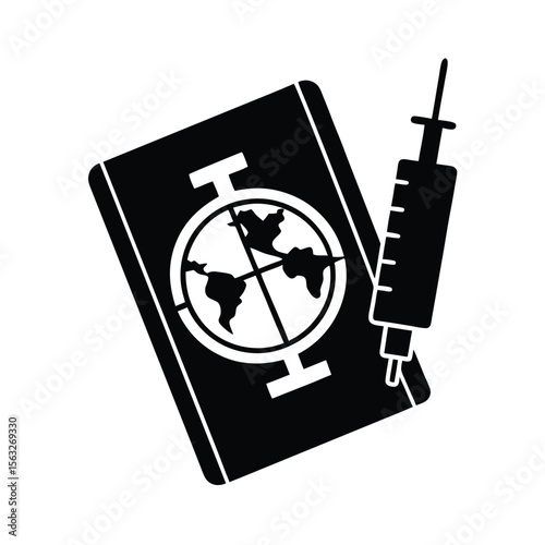 Medical vaccination and global healthcare illustrated in striking black and white silhouette design
