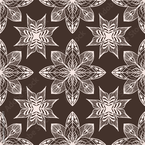 Floral seamless pattern. Vector repeating ornament tile on chocolate background. Great for fabric and textile, wallpaper, packaging design.