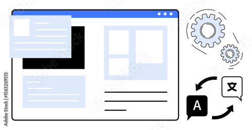 Web layout design, text translation symbols, and gear elements emphasize functionality and multilingual support. Ideal for technology, communication, software, localization, website, interface
