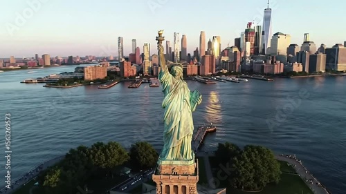 Aerial view of the statue of liberty with new york city skyline in the background