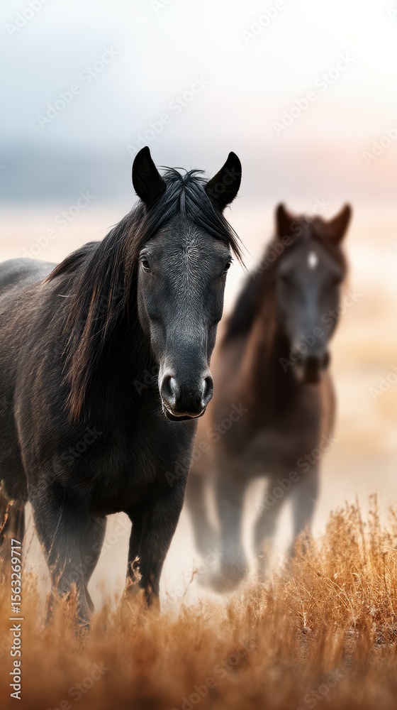 Fototapeta premium Majestic black horses walking through golden grass under a dramatic sky at sunset