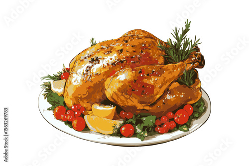 Whole roasted turkey with herbs, lemon slices, and cherry tomatoes on a white plate, hand-drawn style, on white background, festive food concept