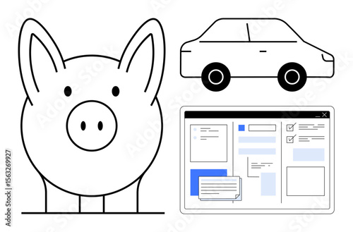 Piggy bank for savings, car representing assets, and screen showcasing financial management tools. Ideal for budgeting, saving, financial planning, asset management, personal finance, investments