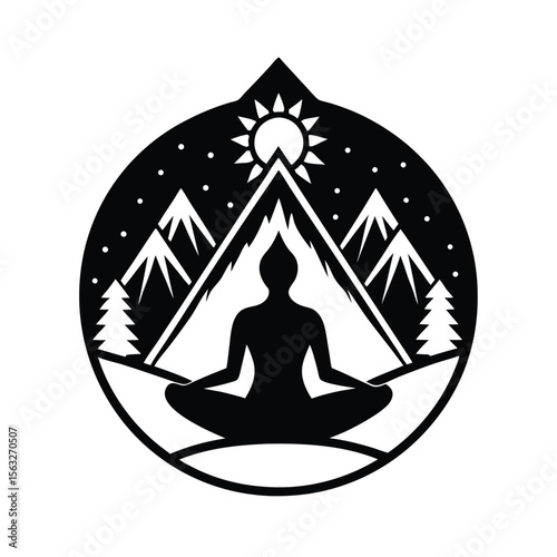 Peaceful yoga meditation in nature with silhouette of person mountains and sunny sky design