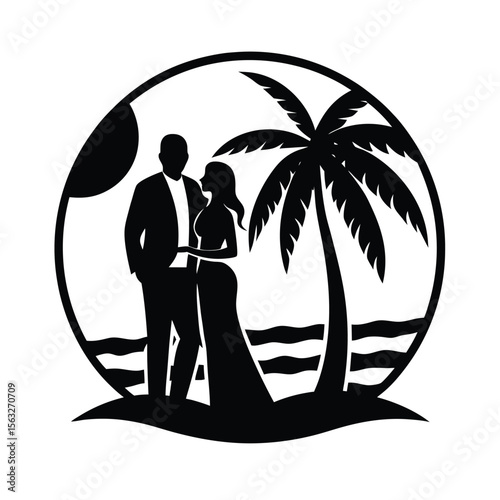 Romantic silhouette of a couple embracing on a tropical beach near palm trees at sunset
