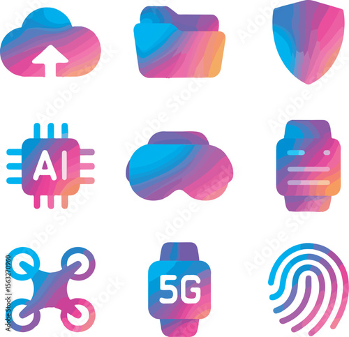 Modern Technology Icons Representing Cloud Computing AI VR Drones and Biometrics