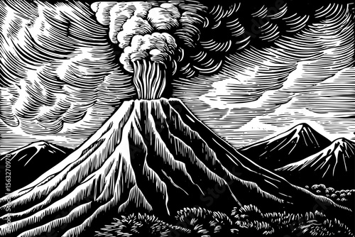 erupting volcano with lava streams and smoke, suitable for educational posters, adventure branding or natural disaster themes a black and white line art illustration