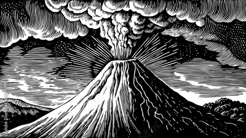 erupting volcano with lava streams and smoke, suitable for educational posters, adventure branding or natural disaster themes a black and white line art illustration