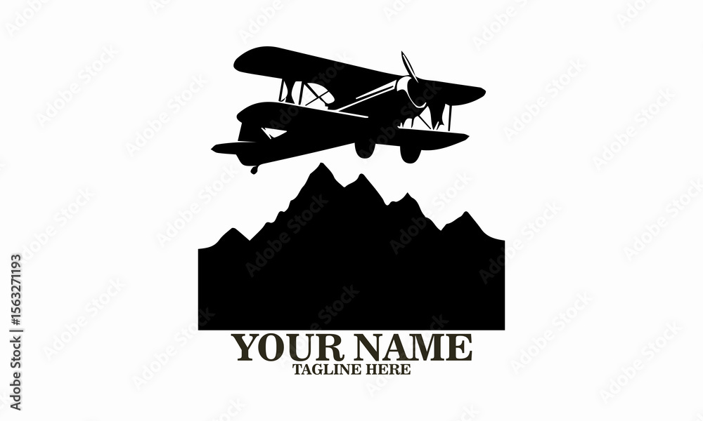 Obraz premium Airplane icon. Airplane logo design, airplane on a mountain vector illustration, small plane icon and small plane silhouette vector style