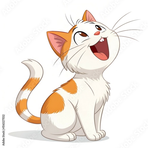 Happy cartoon cat illustration with white fur and orange accents looking upwards with open mouth