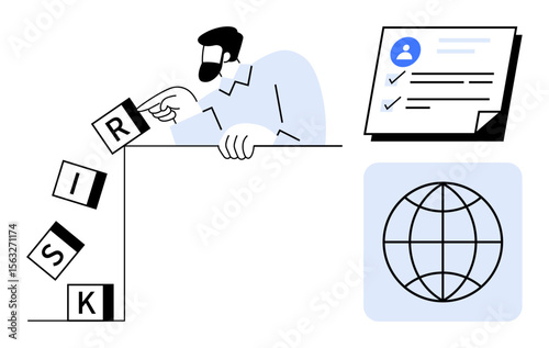 Man stacking letter blocks to manage risk, checklist with tasks and globe as a metaphor for global perspective. Ideal for strategy, leadership, decision making, global management, responsibility