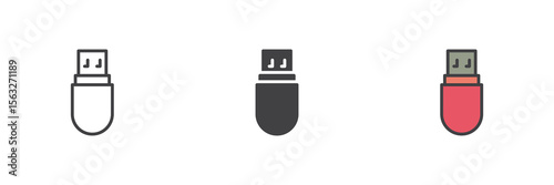 USB flash drive icon set in line, solid and filled outline style