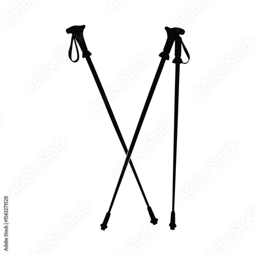 Silhouette illustration of two trekking poles in black on a white background for outdoor activities
