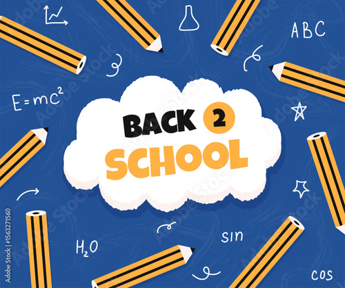 Back 2 School banner template. Education concept background. Flat style pencils make frame. Doodle element on blue backdrop. Greeting text on cloud.