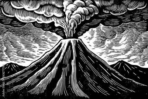 erupting volcano with lava streams and smoke, suitable for educational posters, adventure branding or natural disaster themes a black and white line art illustration