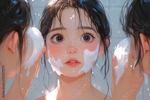 Facial skin care routine concept: Young woman washing her face with facial foam while looking in the mirror, maintaining her skincare regimen, Generative AI
