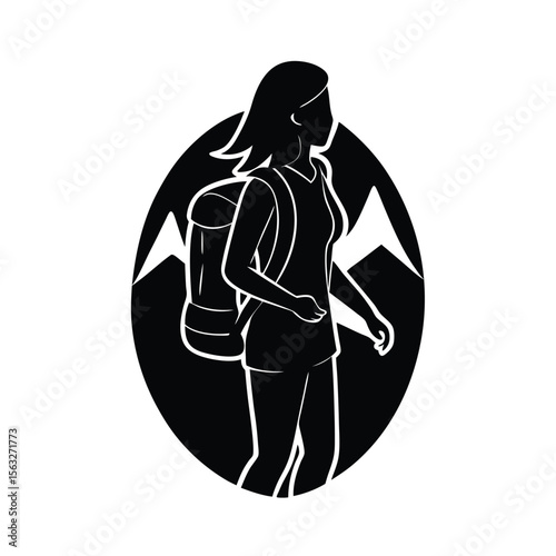 Silhouette of a female hiker with backpack enjoying mountain adventure in an oval frame