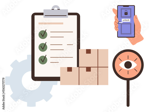 Clipboard with checklist, magnifying glass with eye, smartphone unlocking screen, boxes, gear. Ideal for logistics, inventory management, security, planning supply chain organization digital