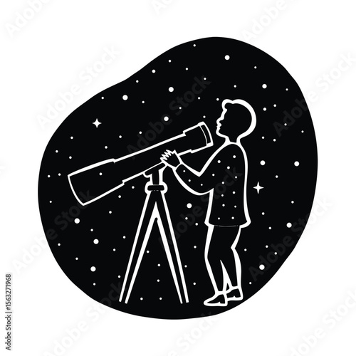 Silhouette of a person observing the cosmos through a telescope in night sky illustration