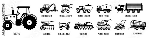 Agricultural machinery icon  set with various equipment 
