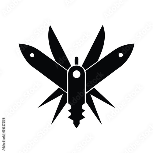 Silhouette of a multifunctional pocket knife with blades extended in black color isolated