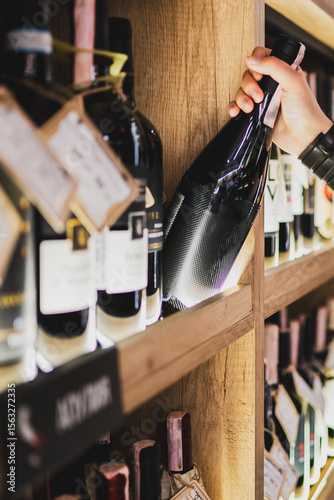 Wallpaper Mural Customer selecting a wine bottle from a wooden shelf in a store. Interior of a wine shop with assorted bottles on display, focused on hand reaching for a choice. Torontodigital.ca